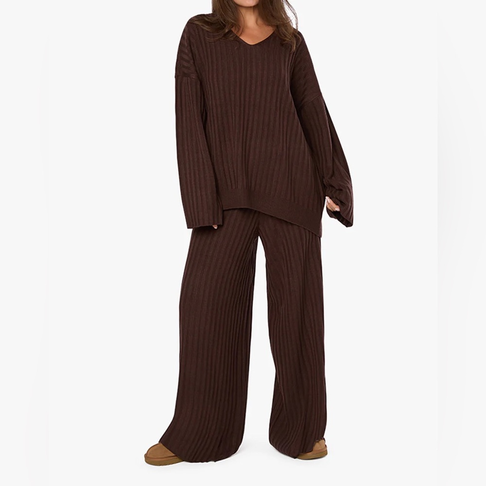 We Wore What Brown Ribbed Knit Sweater and Pants Set